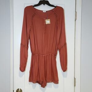 Hello Nite Burnt Rust Long Sleeve Boho Romper NWT
